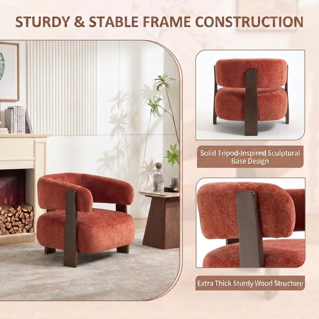 MOONMISS Boucle Accent Chair with Solid Wood Frame, Curved Arm Barrel Chair for Living Room, Bedroom & Office,Red