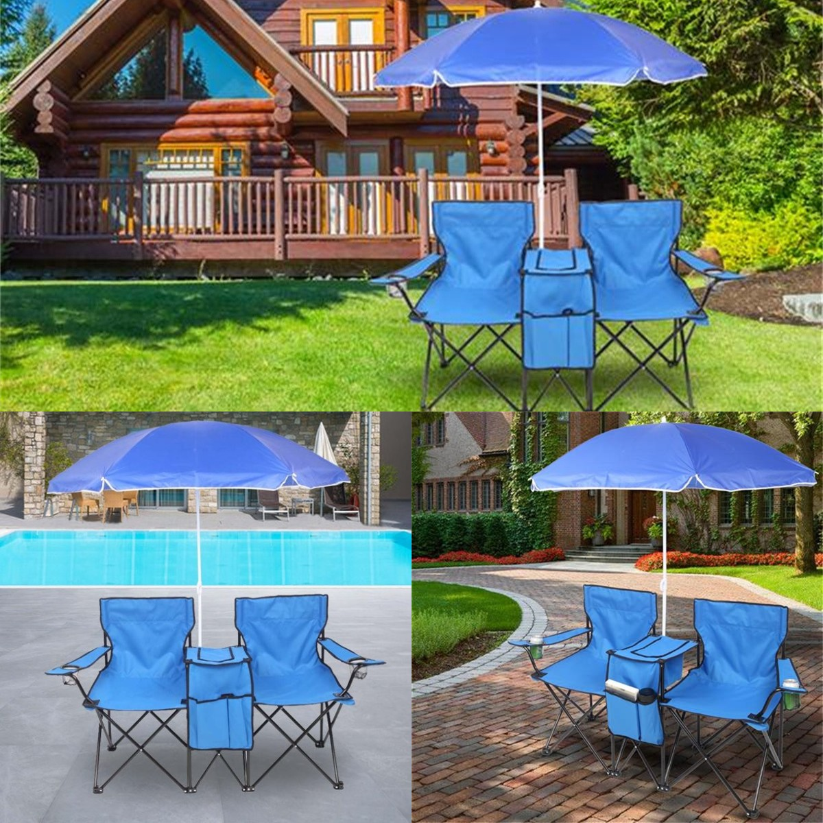 Goorabbit Anti-UV Umbrella Fishing Camp Chair, Outdoor 2-Seat Folding Chairs,  Steel Frame Collapsible Lawn Outdoor Chair w/ Cup Holder Cooler Pouch for  Patio Pool Support 180lbs,Blue 