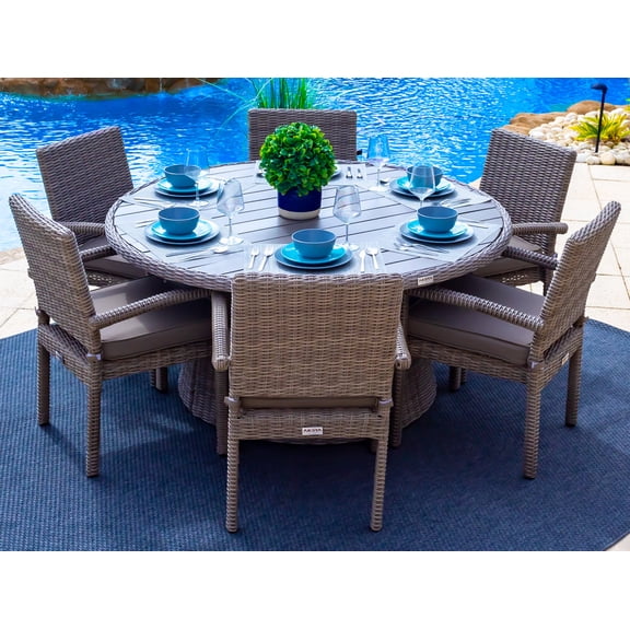 Tuscany 7-Piece Resin Wicker Outdoor Patio Furniture Round Dining Table Set with Dining Table and Six Cushioned Chairs (Half-Round Gray Wicker, Sunbrella Canvas Charcoal)
