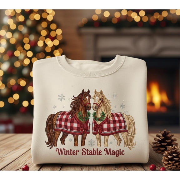 Winter Stable Magic Embroidered Sweatshirt, Horse Lover Christmas Top, Equestrian Gift, Cozy Holiday Farm Style Shirt