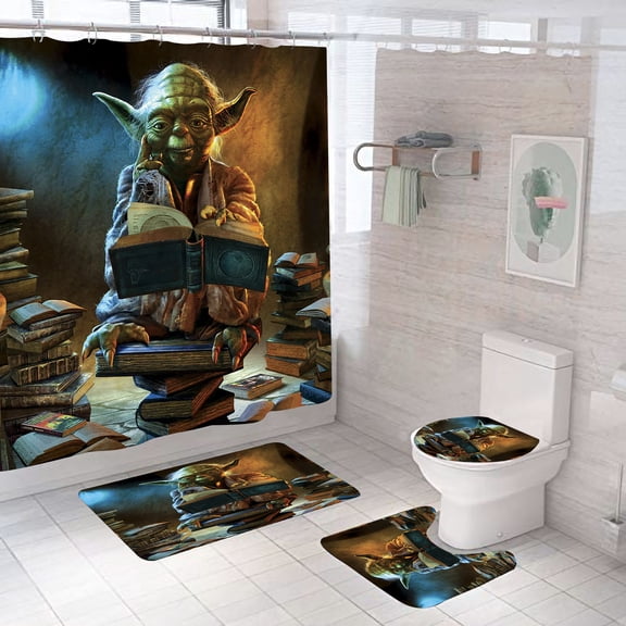 Yoda Shower Curtain Bathroom 4 Pieces Set Toilet Lid Cover and Bath Mat, Non-Slip Rugs Durable and Waterproof, for Bathroom Decor Set, 72" x 72"