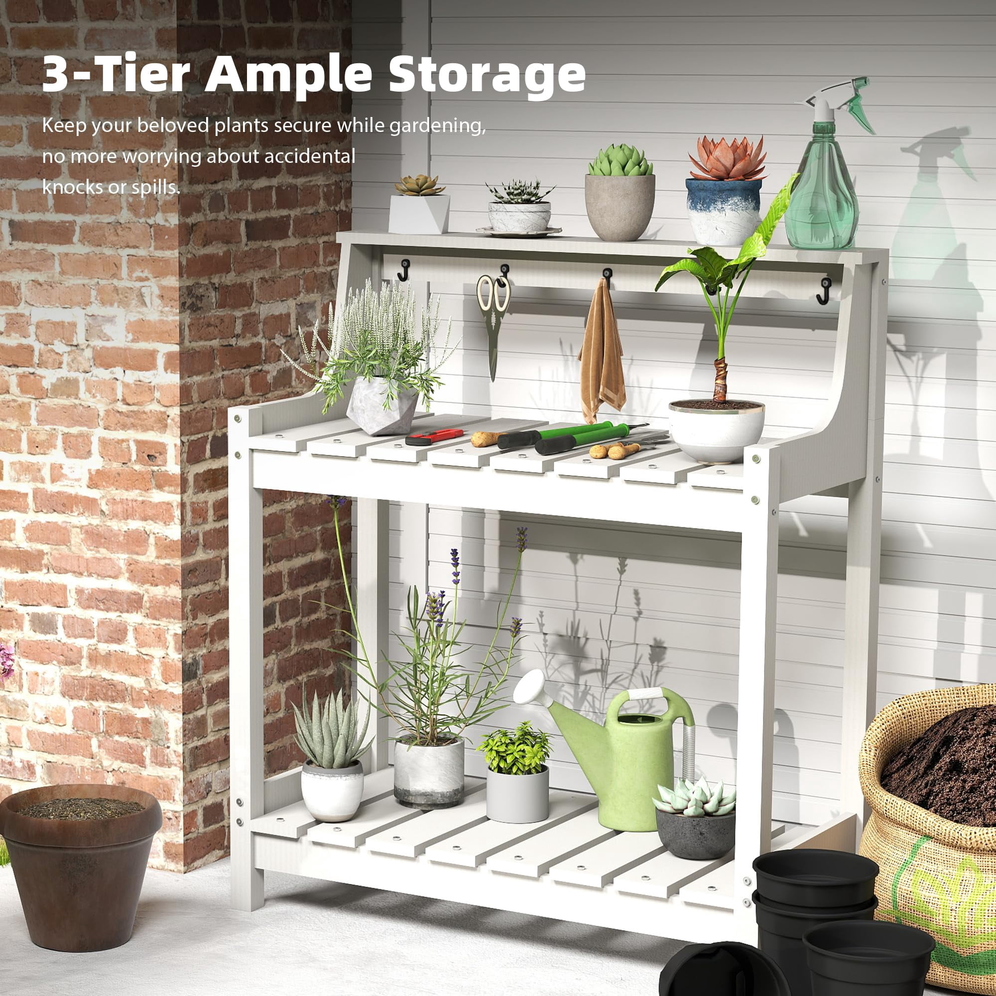 HDPE Outdoor Potting Bench, All-Weather Garden Potting Table, 3-Tier Storage Workstation for Patio Backyard Garden