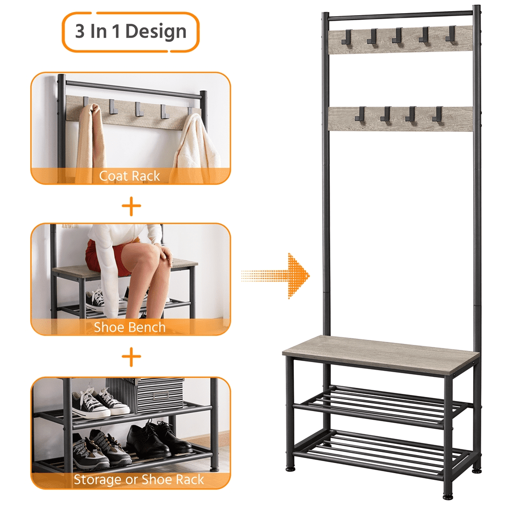 Renwick Metal Hall Tree with Shoe Shelves & Movable Hooks, Gray