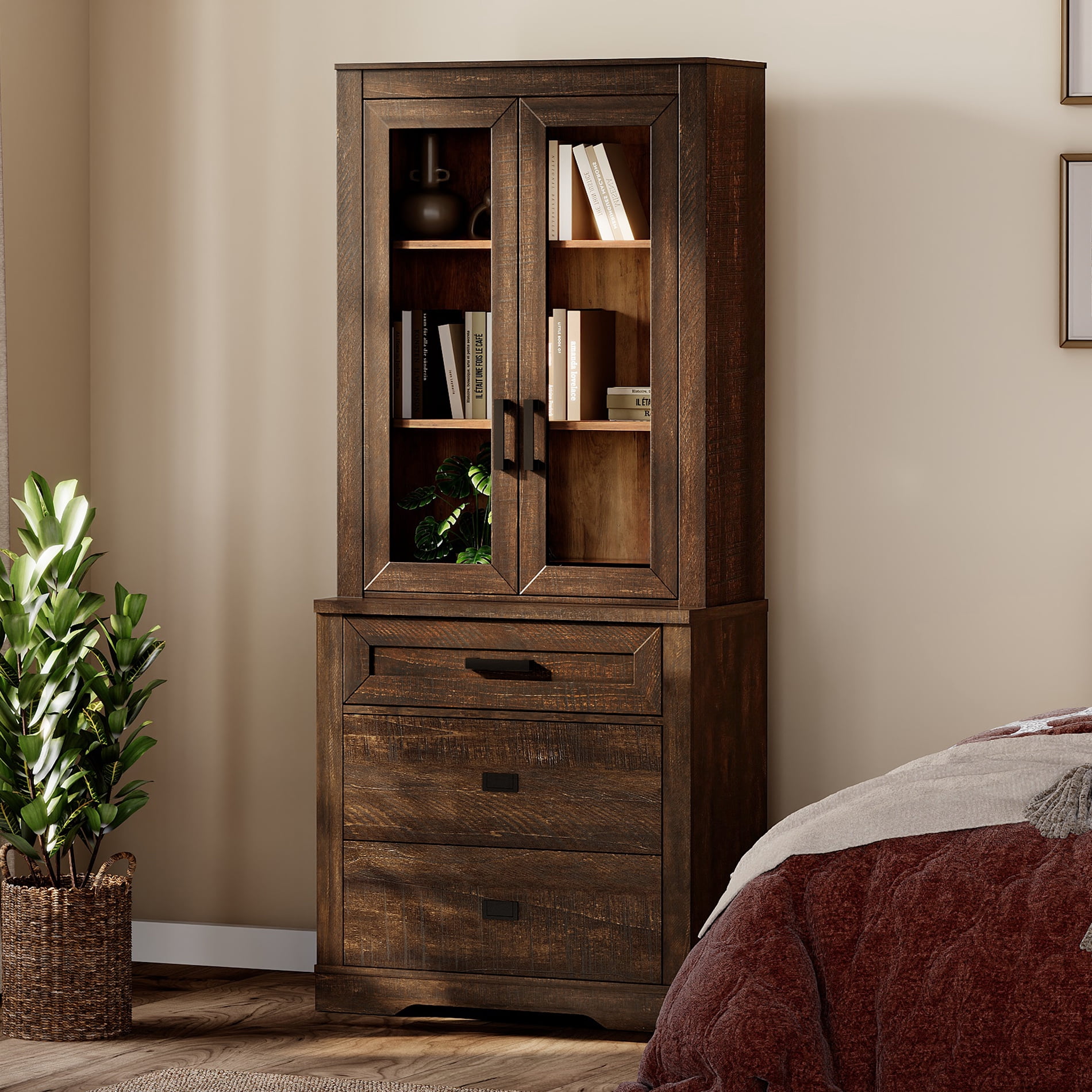 WAMPAT 3 Tier Bookcase with Drawer,73.3" Tall Floor Standing Bookshelf,Modern Farmhouse Display Storage Cabinet with Adjustable Shelves,Espresso