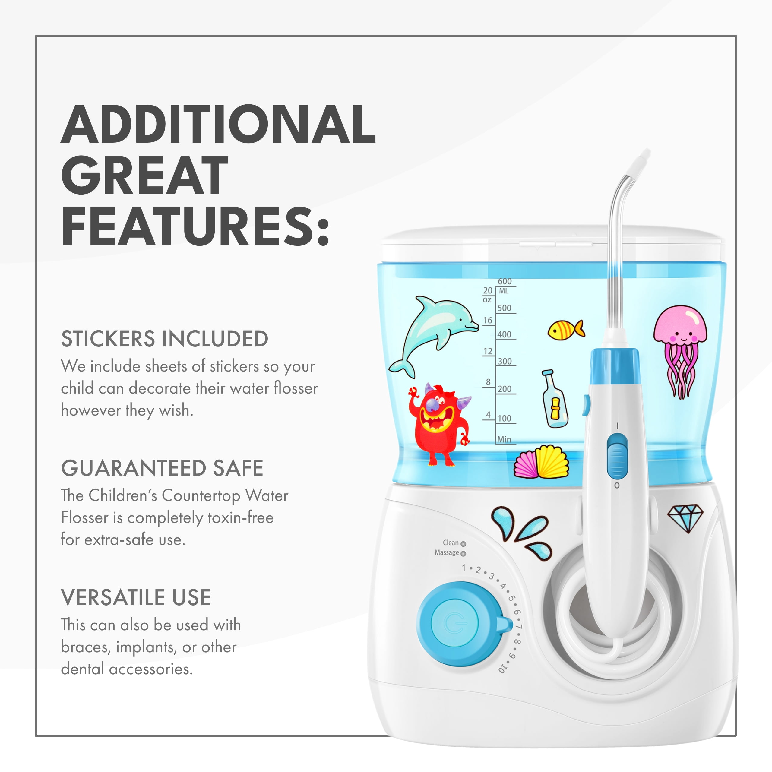 ToiletTree Products Children's Countertop Water Flosser - High-Quality Dental Oral Irrigator for Kids - BPA-Free Dental Water Flosser with 600mL Capacity and Adjustable Water Pressure - Blue