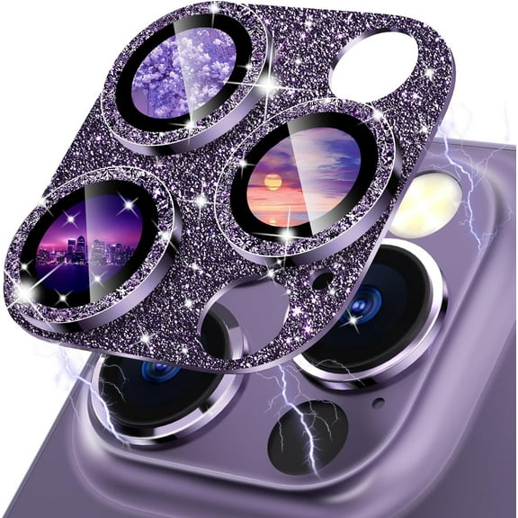 for iPhone 14 Pro/iPhone 14 Pro Max Glitter Camera Lens Protector, 9H Tempered Glass [All in 1 Design], Case Friendly Anti-Scatch High Definition, GlitterPurple