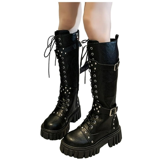 Rokment Gothic Chunky Knee High Combat Boots for Women Vintage Studded Buckles Platform Wide Calf Motorcycle Riding Tall Dress Boots Black Size 6.5