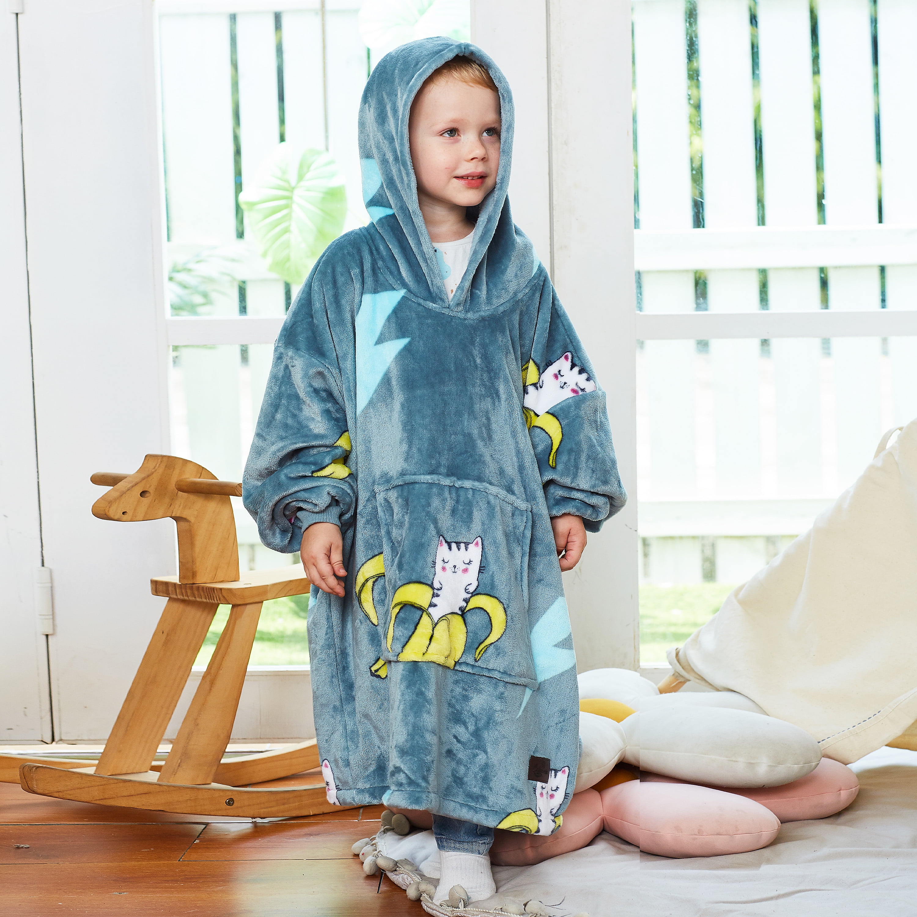 Catalonia Banana Cat Print Blanket Hoodie Sweatshirt for Kids, Oversized Wearable Fleece Snuggy Pullover , 4-12 Years Boy Girl Gift, 28 × 24 inches