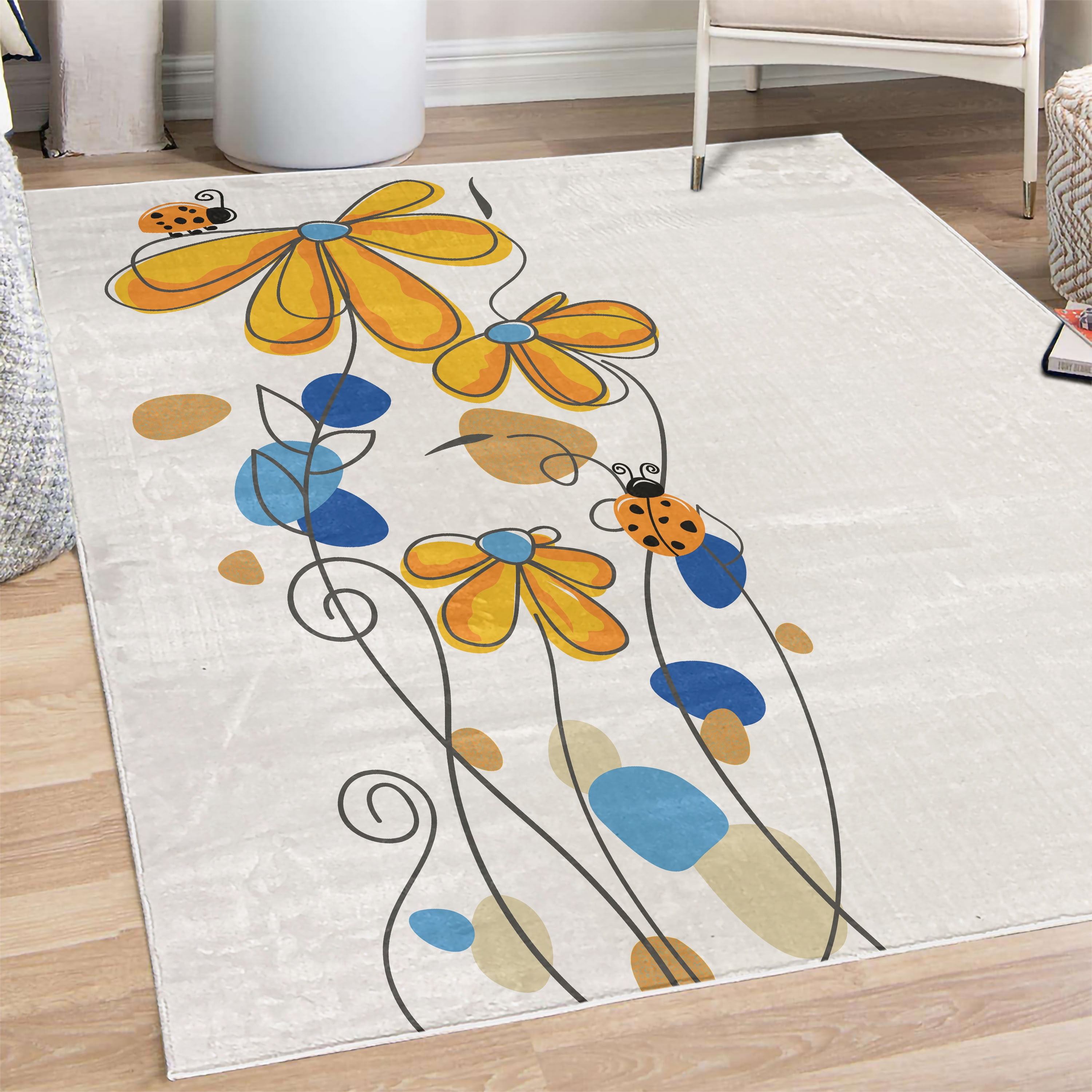 Spring Decorative Rug, Flowers Oval Dome-Shaped Ladybugs Illustration ...