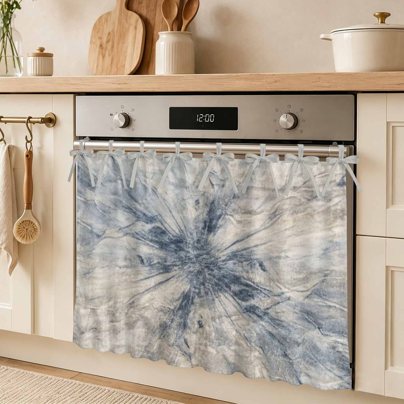 Abstract Clouds Oven Skirt Curtain Vintage Bohemian Coastal Blue Grey Tie Top Tier Curtains Stove Dishwasher Skirt Small Window Drapes for Kitchen Bathroom Cafe 30 x21.5