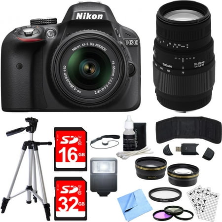 Nikon D3300 DSLR 24.2MP HD 1080p Camera w/ 18-55mm + 70-300mm Lens Black Bundle includes Camera, Lenses, 52mm Filters, 16GB + 32GB SDHC Memory Cards, Tripod, Cleaning Kit, Beach Camera Cloth and More