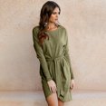 thumbnail image 5 of Vestidos midi de punto tipo gofre con cuello redondo y cintura imperio de manga larga para mujer （verde）,M, 5 of 5