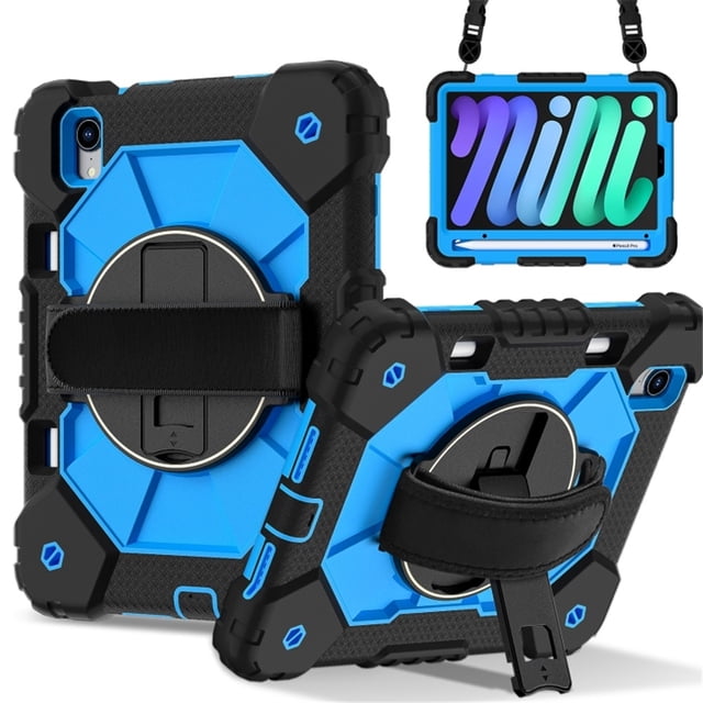Funda Resistente a Golpes para iPad A16 11th / iPad A16 10th, Funda Protectora de Silicona Anti-caída + Capa de PC con Asa Giratoria de 360°, Soporte, Correa para el Hombro, Azul, para iPad A16 11th/