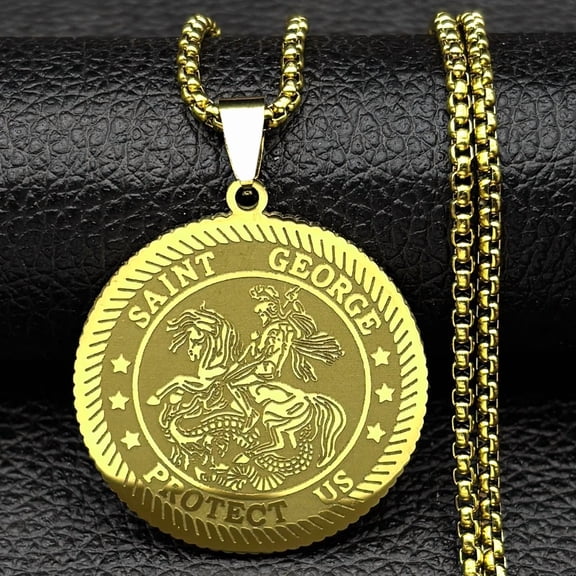 SAINT GEORGE Protect Us Medal Pendant Necklace Women Men 14K Yellow Gold Christian Chain Amulet Jewelry Party Gift