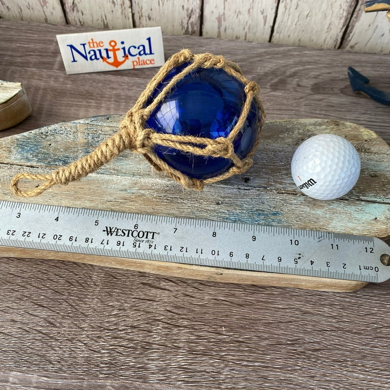 6) x 3 Cobalt Blue Glass Fishing Floats- Nautical Coastal Beach Fish Net  Buoy Decor - Dark Blue Ball w/ Rope Netting 