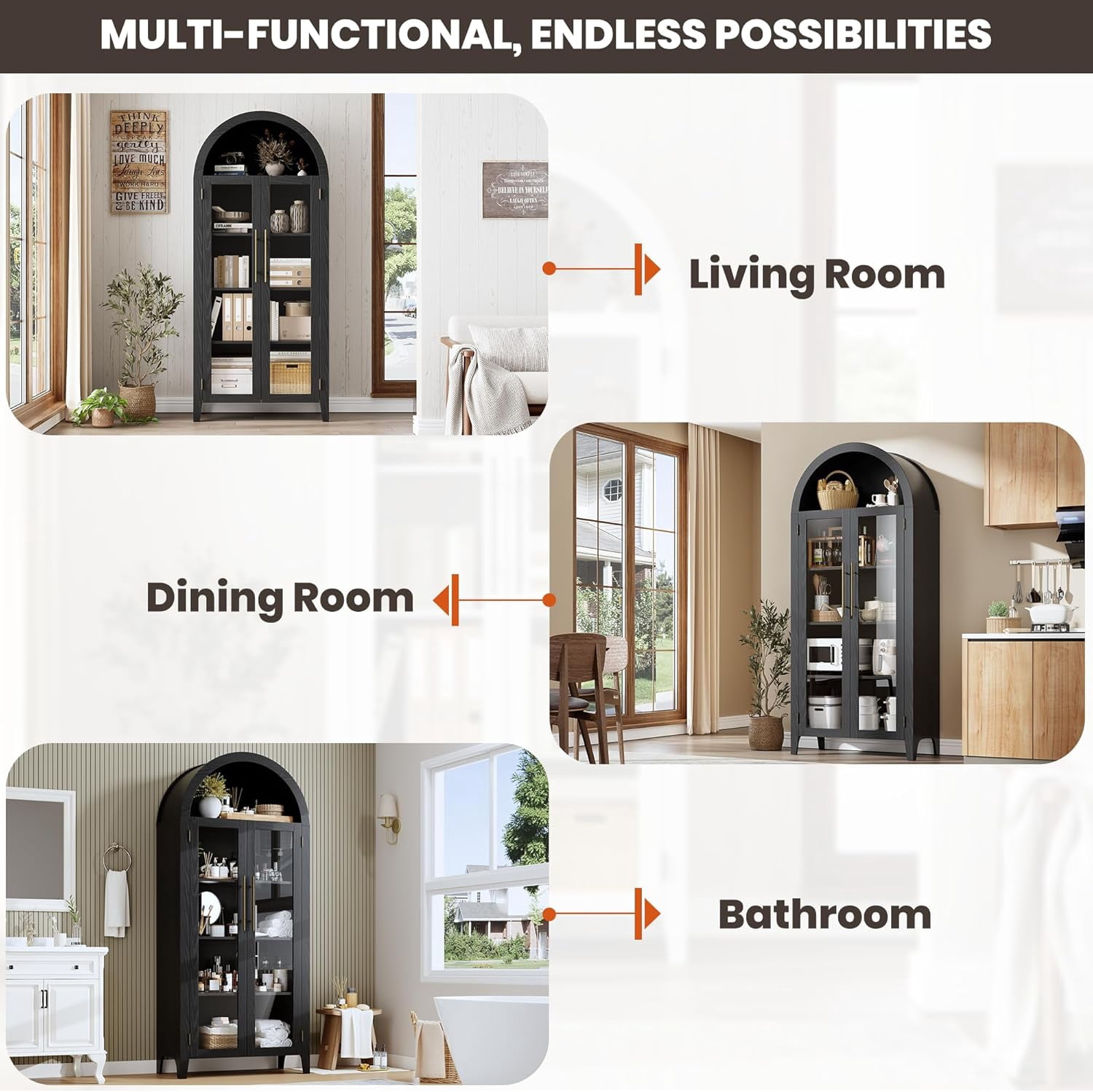 Memoryfield Farmhouse 5 Tier Bookcase Display Shelf, with Adjustable Shelf and 2 Large Glass Doors, Arched Kitchen Pantry Cabinet, Versatile Storage Cupboard, Black
