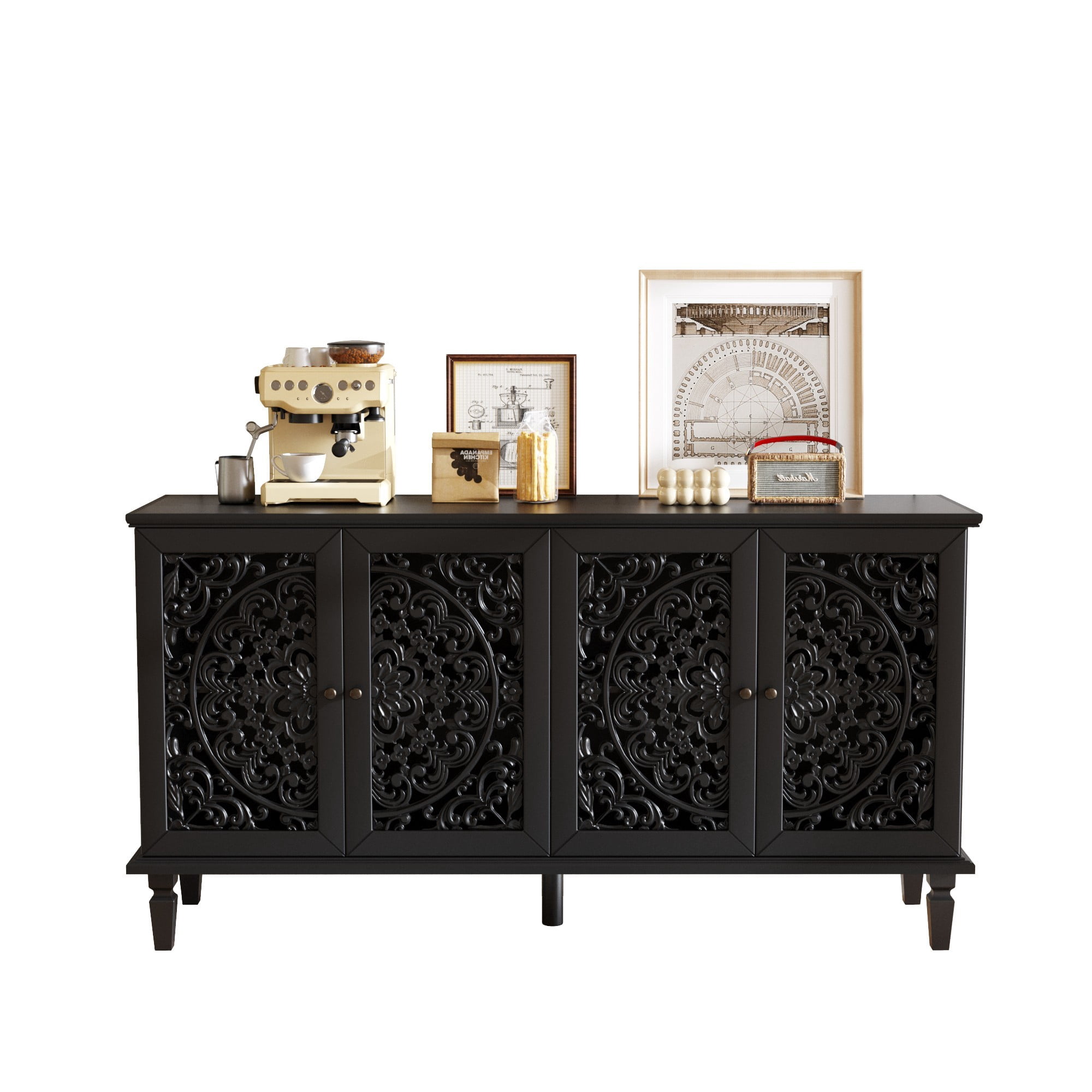 60" Antique Buffet Cabinet with Floral Carved Doors, TV Stand for 65 Inch TV, Sideboard Cabinet with Adjustable Shelves, Black