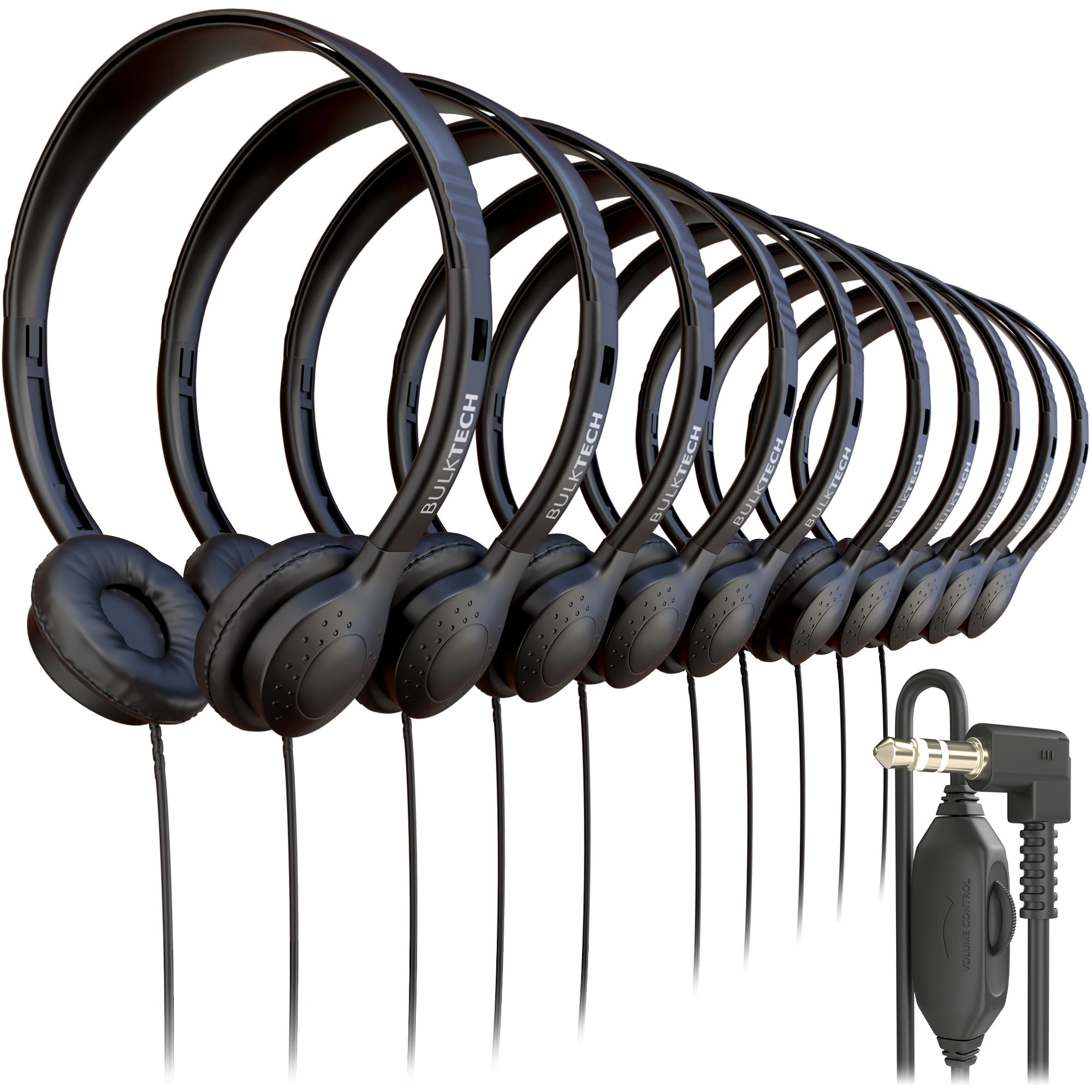 Bulktech Wired On-Ear Leather Headphones with 3.5mm Connector and Remote Control for Volume, Bulk Wholesale, 10 Pack, Black Color