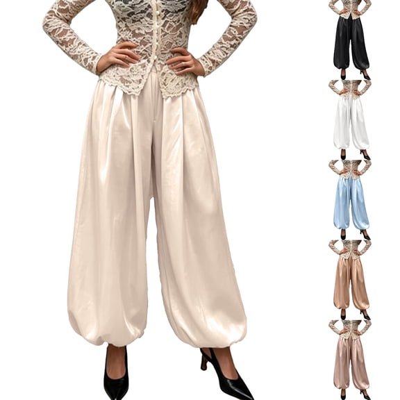Outfmvch Balloon Pants for Women Shiny Fabric High Waist Front Pleats Wide Baggy Leg Elastic Hidden Side Pockets Dressy Evening Party Summer Daily Office Casual Attire Black S