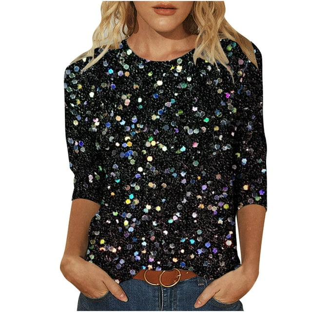 Besolor Hauts Scintillants pour Femmes Manches 3/4 T-Shirts Imprimés Pailletés Décontractés Col Rond Tuniques Tendance Blouses de Travail