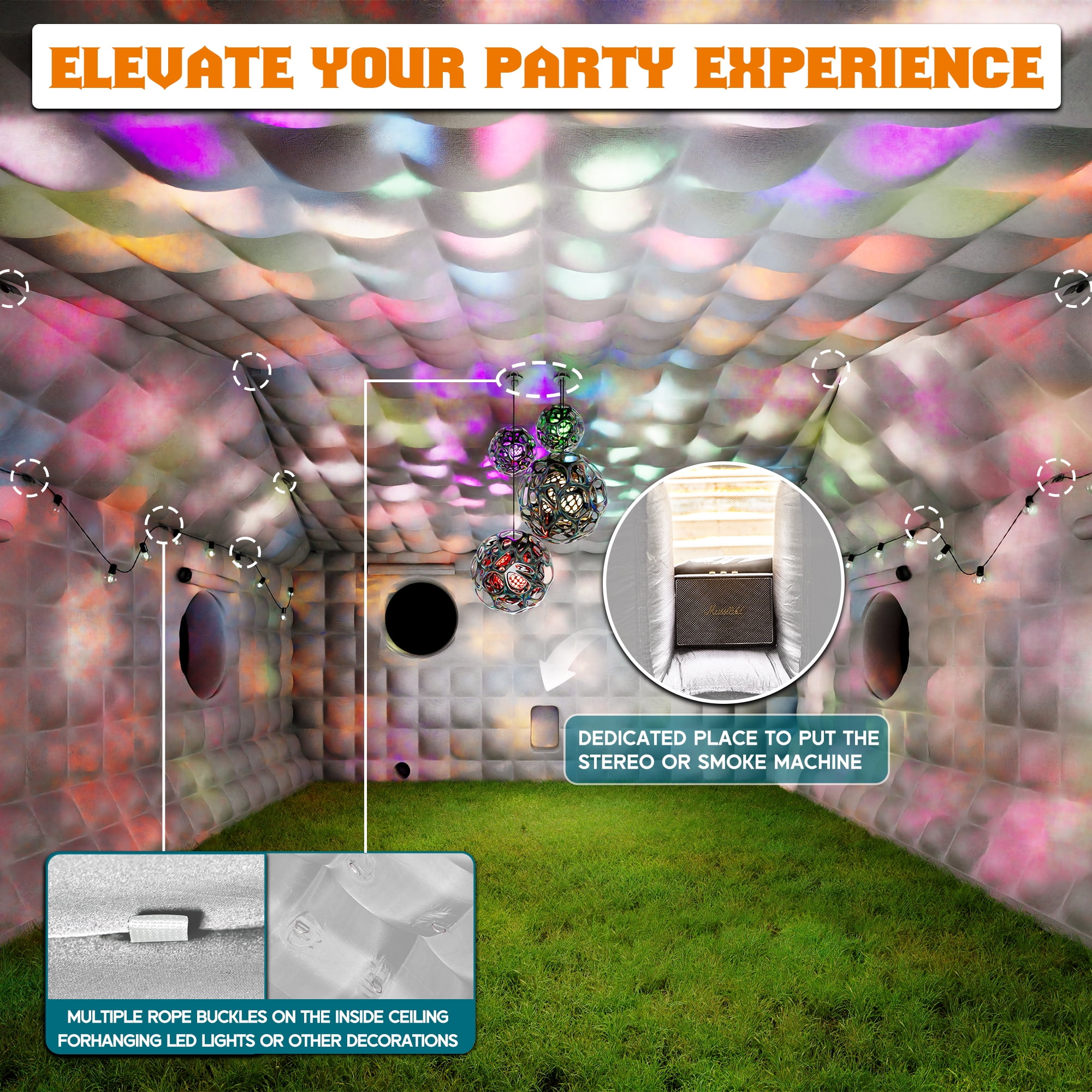 Jocisland 33x20x13 ft Large Inflatable Night Club Tent for Adults, 6 Windows & Movie Screen Hooks, Event Tent for Backyard Party, Silver