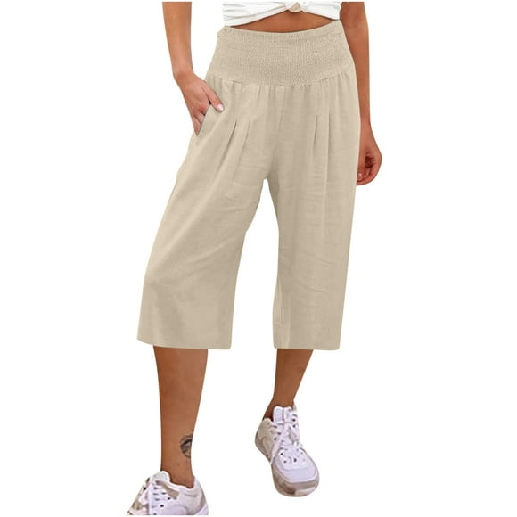 Womens Summer Capri Pants Elastic Waist Cotton Linen Wide Leg Capris Lounge Cropped Beach Pants Trousers with Pockets