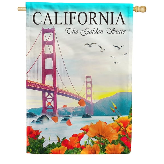 America Forever California State House Flag- 28 x 40 inches- The Golden State Bridge and Lovely California Poppy USA Regional Yard Outdoor Decorative Double Sided Flag