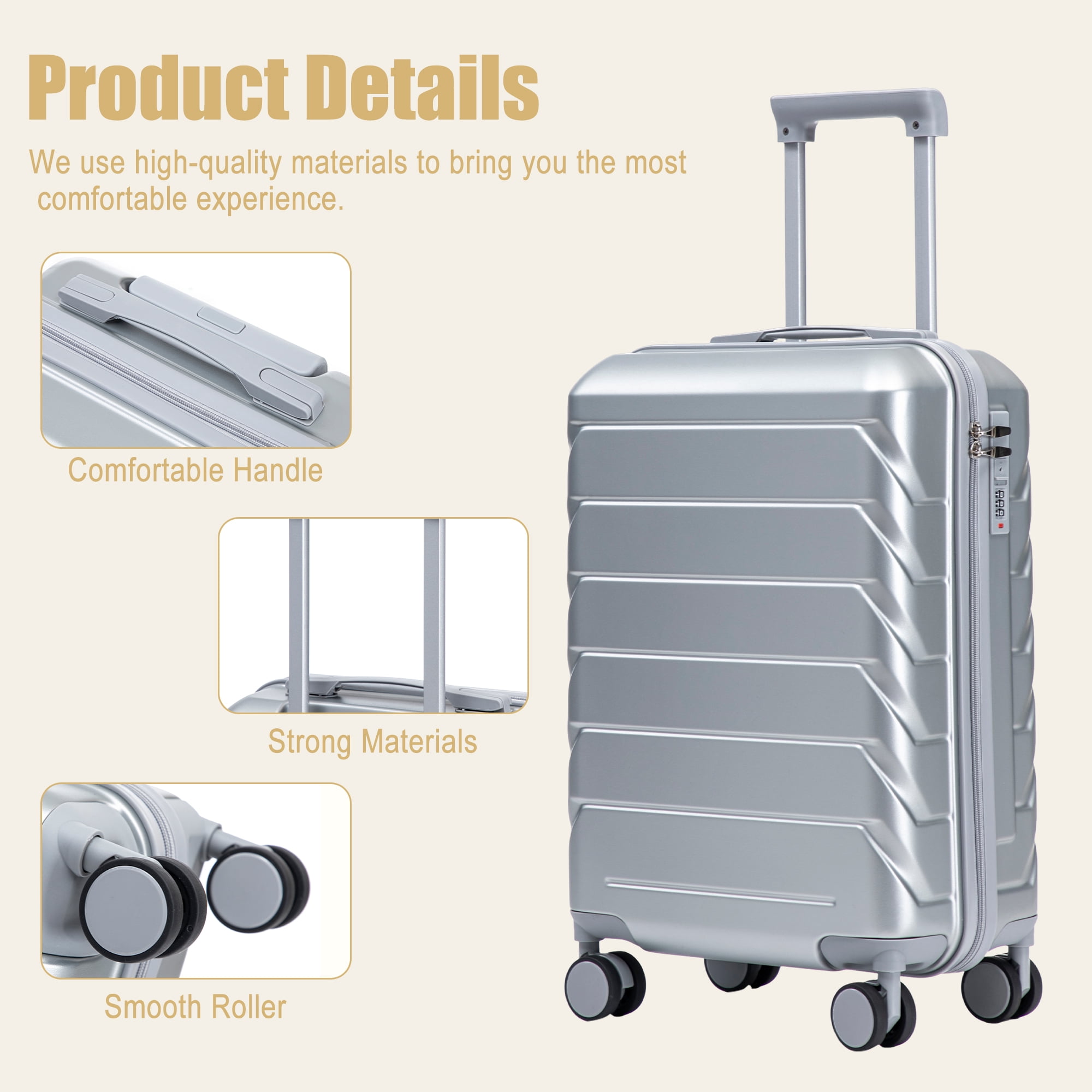 20 Inch ABS Hard Shell Carry-On Luggage, Airline Approved, Scratch Resistant, 4 Spinner Wheels, Built-in Combination Lock, Lightweight Waterproof Suitcase (Silver)