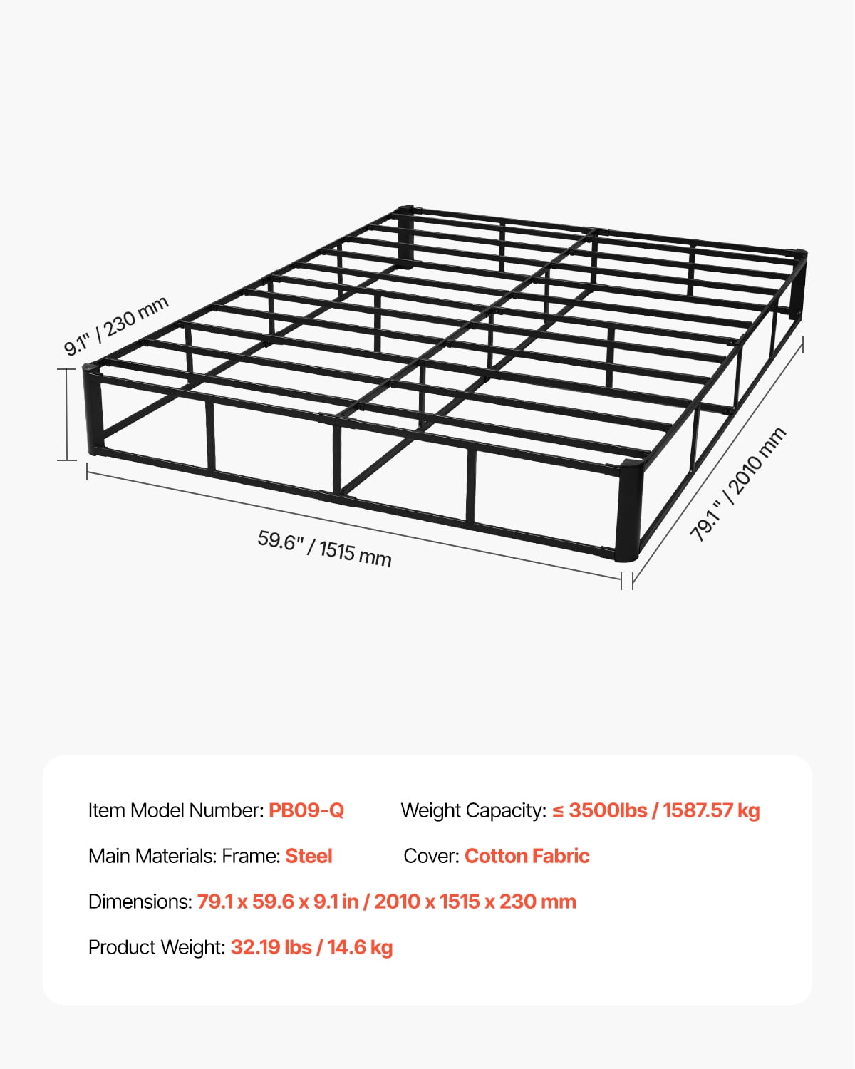 VEVOR Box Spring, Queen Size Bed Frame with Washable Fabric Cloth, Heavy Duty Metal Frame for Queen Bed, 9 in Mattress Foundation, 3500 lbs Max Weight Capacity, Easy Assembly