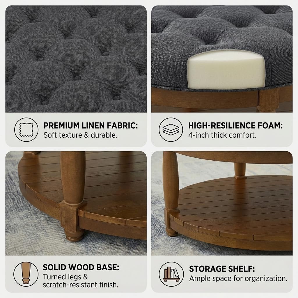 ODUWA Coffee Table Ottoman with Storage Shelf, Tufted Upholstered Footrest Stool, Solid Wood Base Accent Table for Living Room