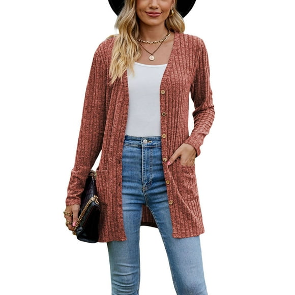 Diconna Women Fashion V-Neck Cardigan Solid Color Rib Long Sleeve Sweater Button-Down Fall Casual Soft Knit Coat
