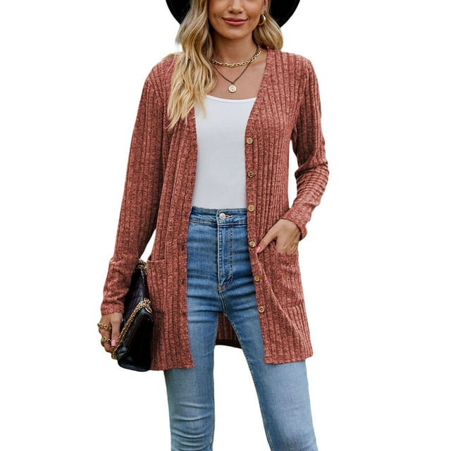 Diconna Women Fashion V-Neck Cardigan Solid Color Rib Long Sleeve Sweater Button-Down Fall Casual Soft Knit Coat