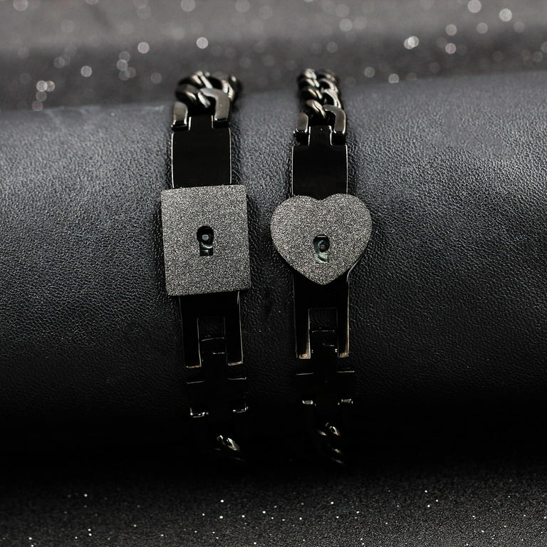 Uloveido 2pcs Black Couples Square and Heart Lock Bracelet Bangles His and Hers Lock and Key Matching Bracelets Set for Him and Her Y853 Black
