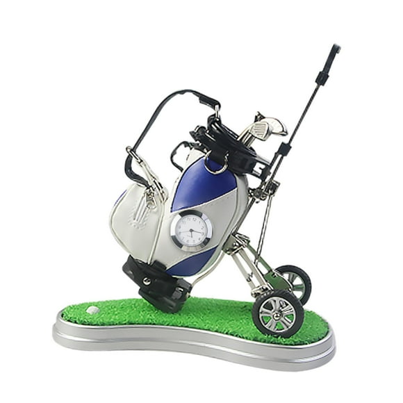 Colaxi Mini Porte-Stylo de Golf avec Chariot Rangement de Jouets de Bureau de Golf Cadeaux pour Fans de Golfeur avec Mini Horloge Décoration de Bureau Mari Amateurs de Golf Bleu Blanc