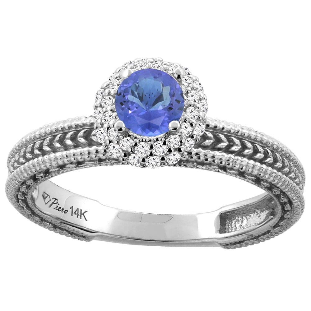 14K White Gold Natural Tanzanite & Diamond Engagement Ring Round 5 mm, size 6 by Gabriella Gold