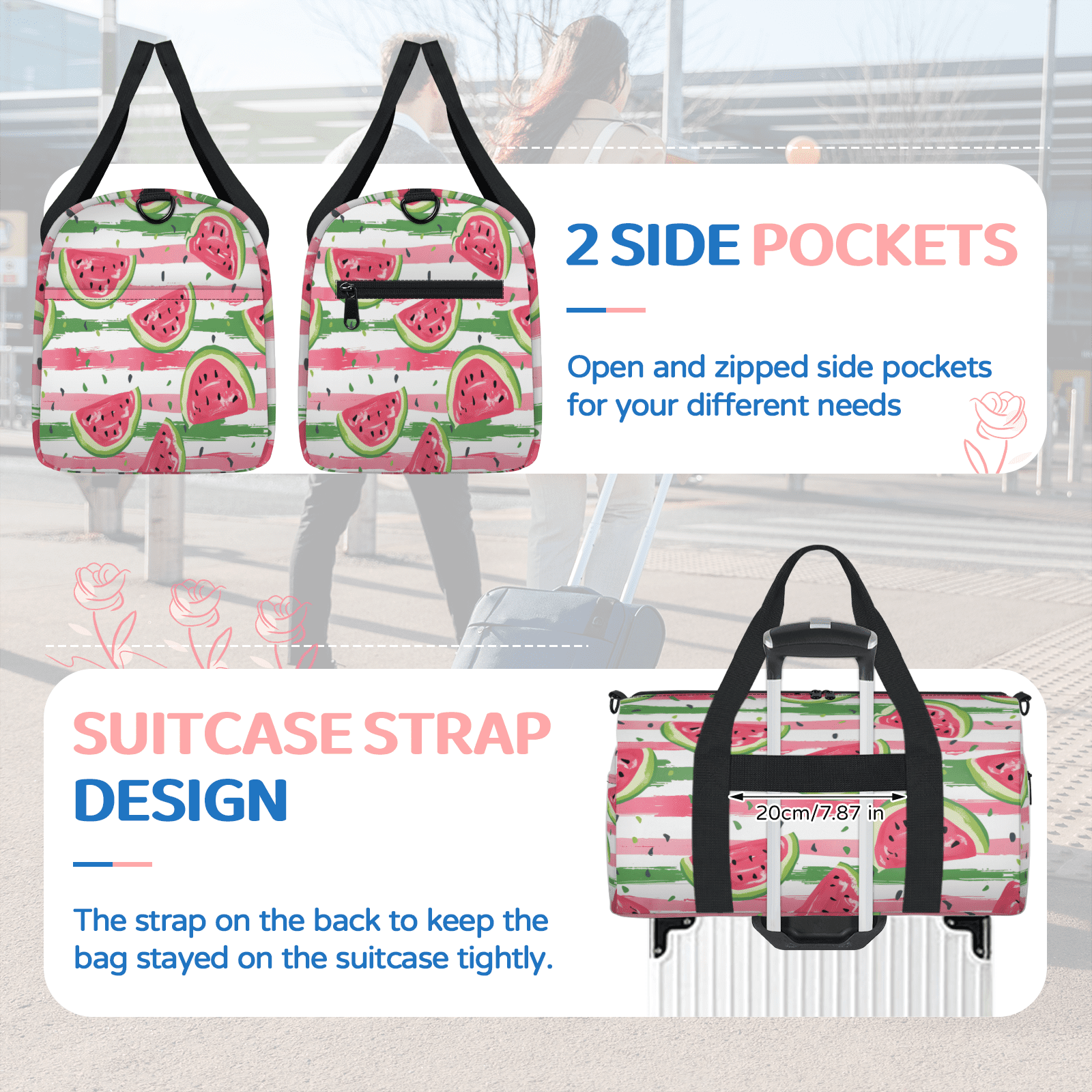 Herdesigns Watermelon Travel Duffle Bag Sports Yoga Weekender Overnight Carry on Workout Bags Lightweight Waterproof Gym Tote Bag for Women