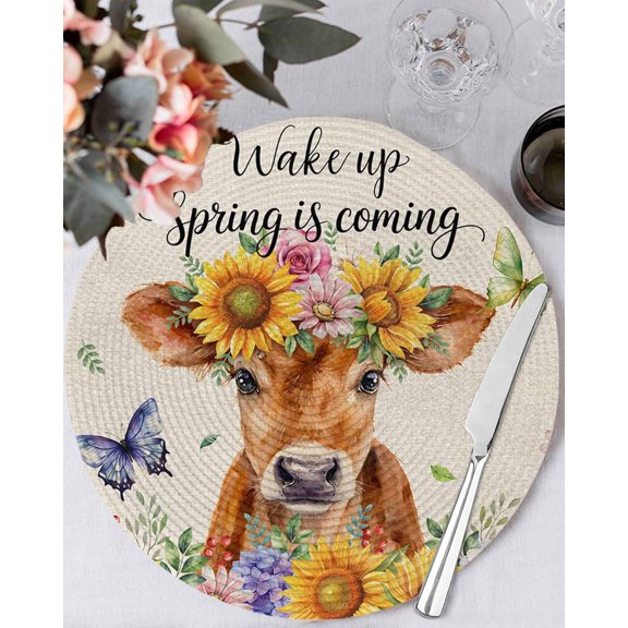 13 Inch Round Placemats Set of 6, Spring Cow Non Slip Heat Insulation PP Table Mats, Summer Sunflower Botanical Rustic Washable Place Mats for Kitchen Dining Party Table Decor