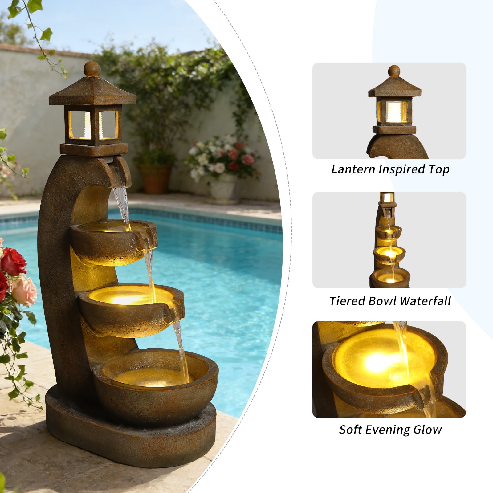 Mintazer 35.4" Pagoda Lantern Cascading Waterfall Fountain with LED Lights, Outdoor Garden Fountain for Patio Porch Backyard Landscape