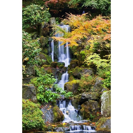 Portland Oregon United States Of America A Waterfall In The Portland Japanese Garden In Autumn Canvas Art - Craig Tuttle  Design Pics (12 x