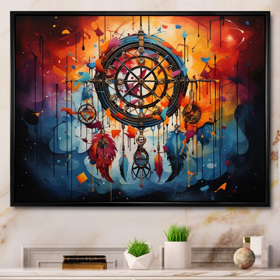 Designart "Bold and Dreamy Orange Dream Catcher I" Spiritual Floater Framed Wall Art Print