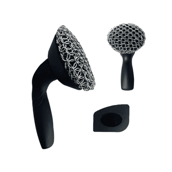 Cast Iron Cleaner Brush, Stainless Steel Chainmail Scrubber with Ergonomic Handle, Heavy-Duty Pan Scraper for Skillets, Dutch Ovens, Woks, Grills,  Rust-Free & Dishwasher Safe Cleaning Too