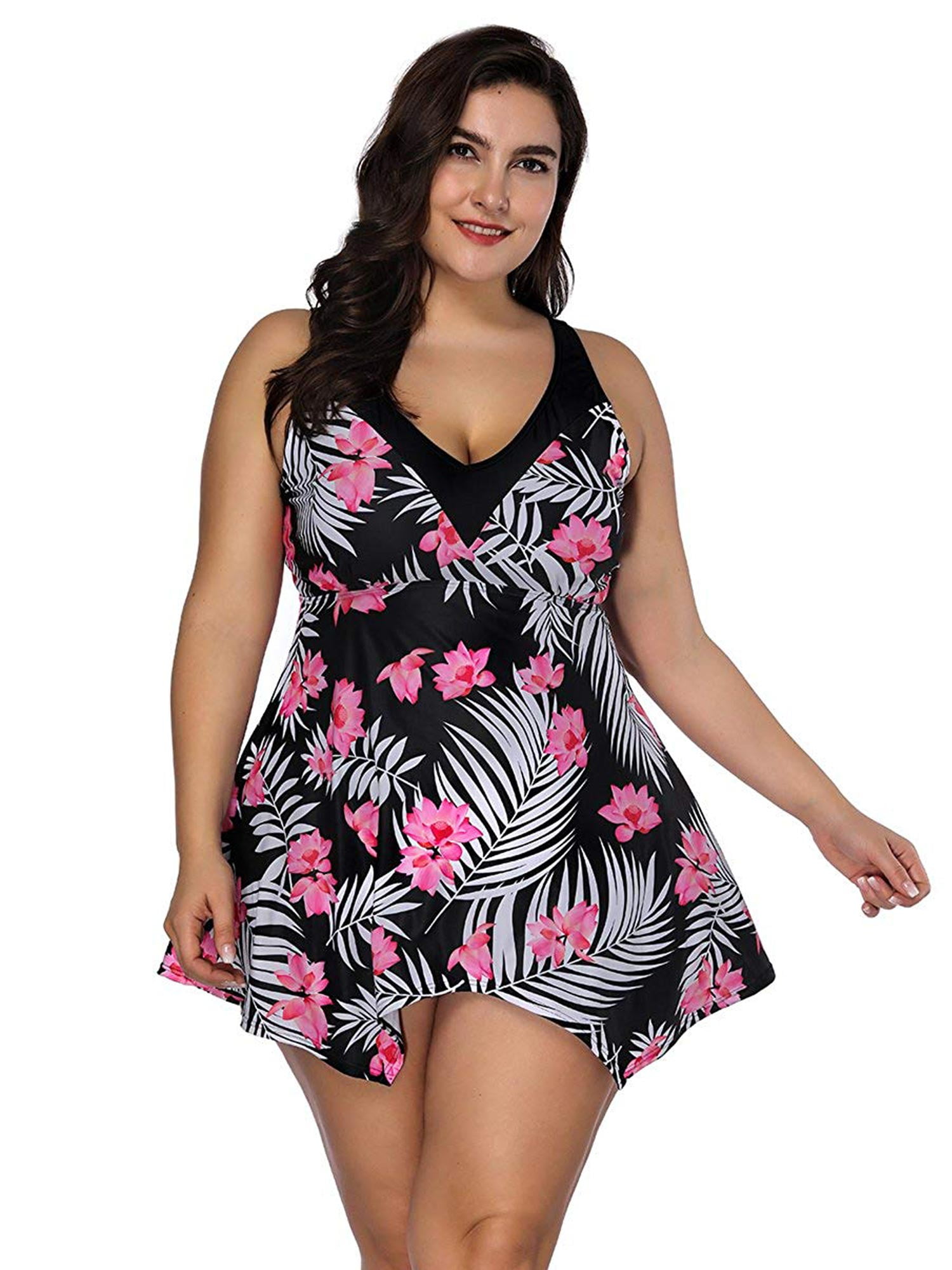 Womens Plus Size Floral Print Halter Swimdress Style Swimsuit Tankini ...