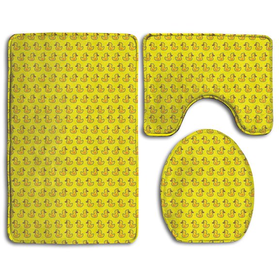 GOHAO Cute Funny Yellow Rubber Duck 3 Piece Bathroom Rugs Set Bath Rug Contour Mat and Toilet Lid Cover