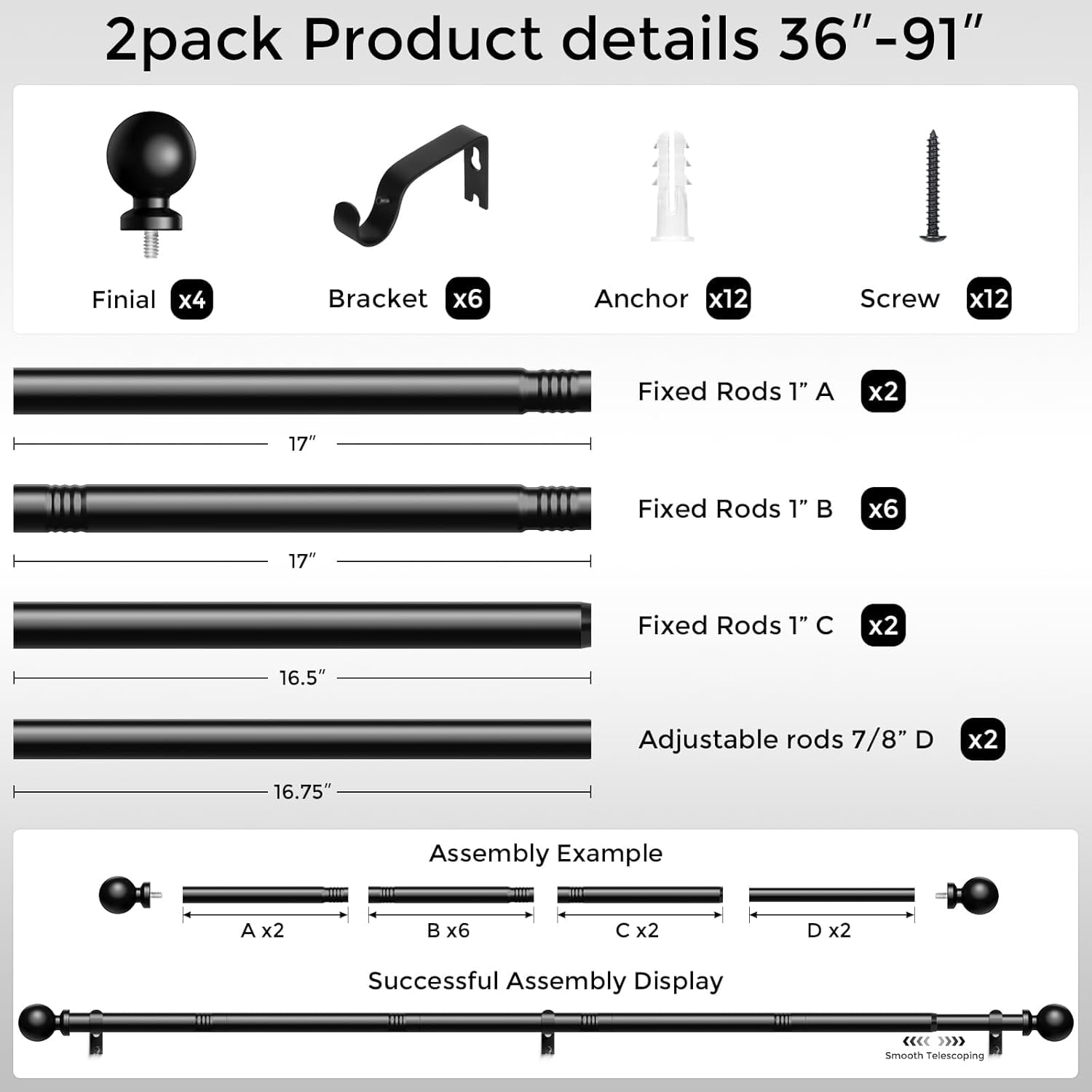 UniMall 2 Pack Curtain Rods 48 to 84 Inch, Black 1 Inch Adjustable Heavy Duty Curtain Rods for Windows, Decorative Modern Window Treatment Rod, Splicing Metal Drapery Pole, Easy Installation