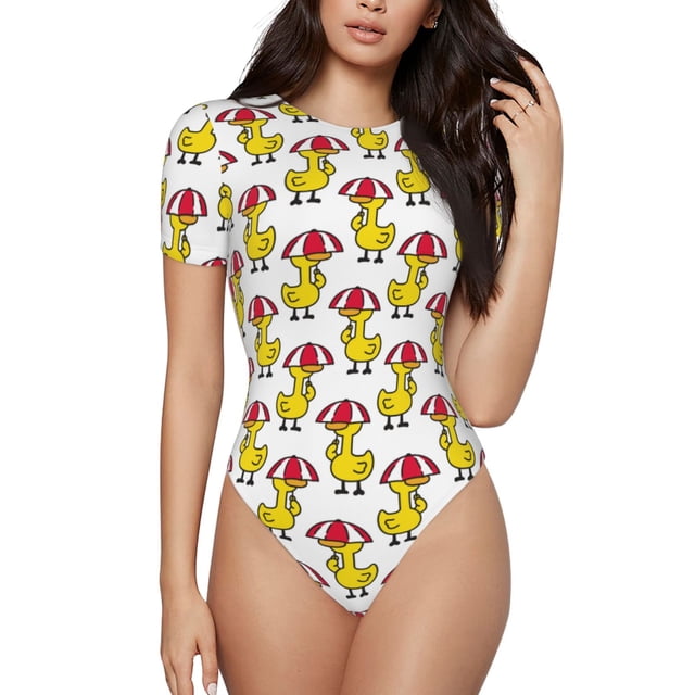 Bingfone Rubber Duck Chicken Bird Pattern Women's Round Neck Bodysuit, Tight Snap Button Short Sleeve Bodysuit, Suitable for Party, Sports, Daily Wear-Small