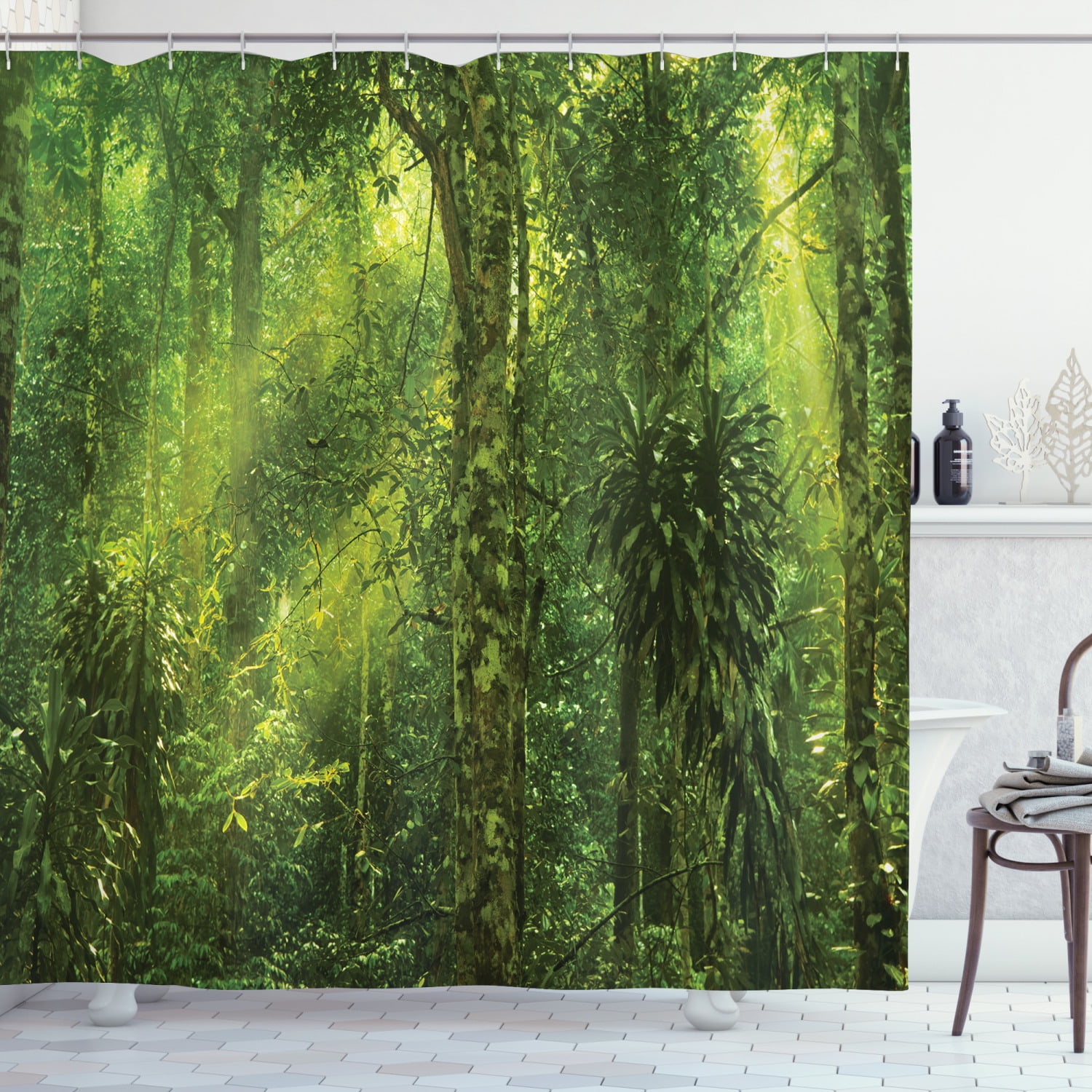 Rainforest Decorations Shower Curtain Set, Sun Shining Into Tropical