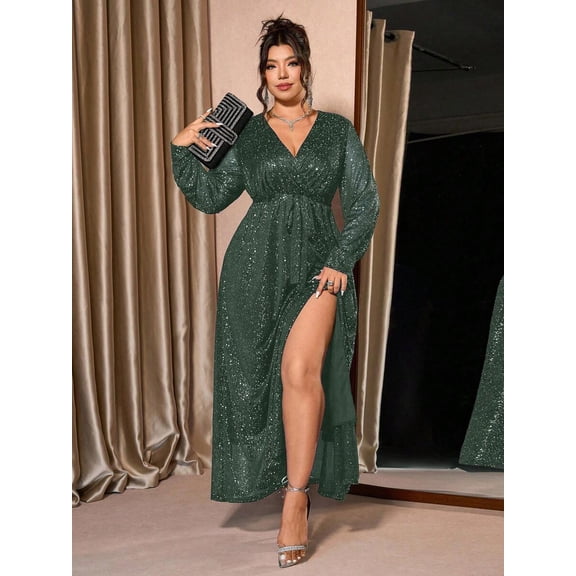 Dark Green Plus Size V-Neck Long Sleeve Sheer Glitter Maxi Dress With High Slit And Ruched Waist
