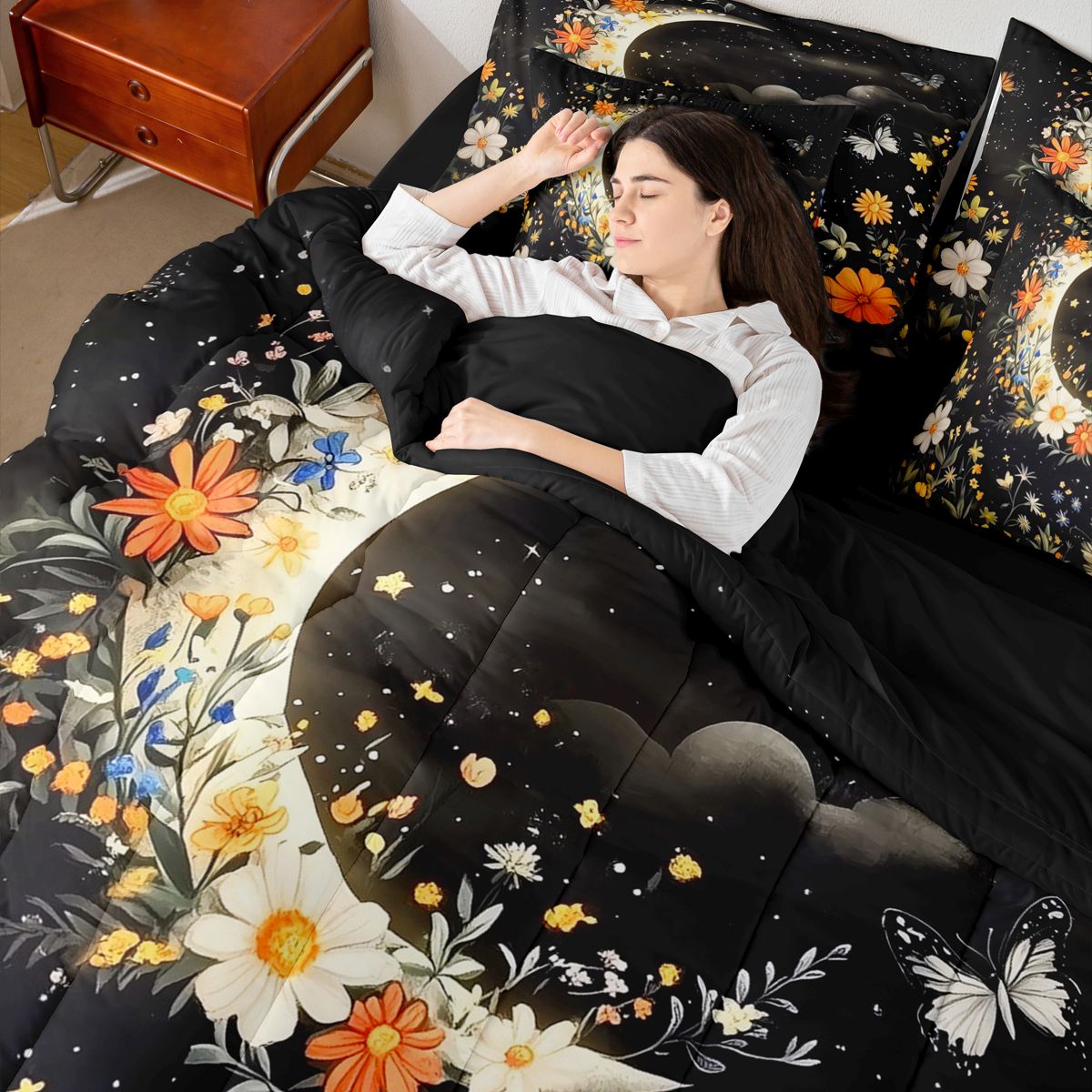 Homewish Chic Flowers 7-Piece Twin Bedding Sets For Teens Boys Girls,Floral Butterflies Bedding Comforter Set,Starry Sky Moon Breathable Sheet Sets,Luxury Bedroom Decor,Reversible