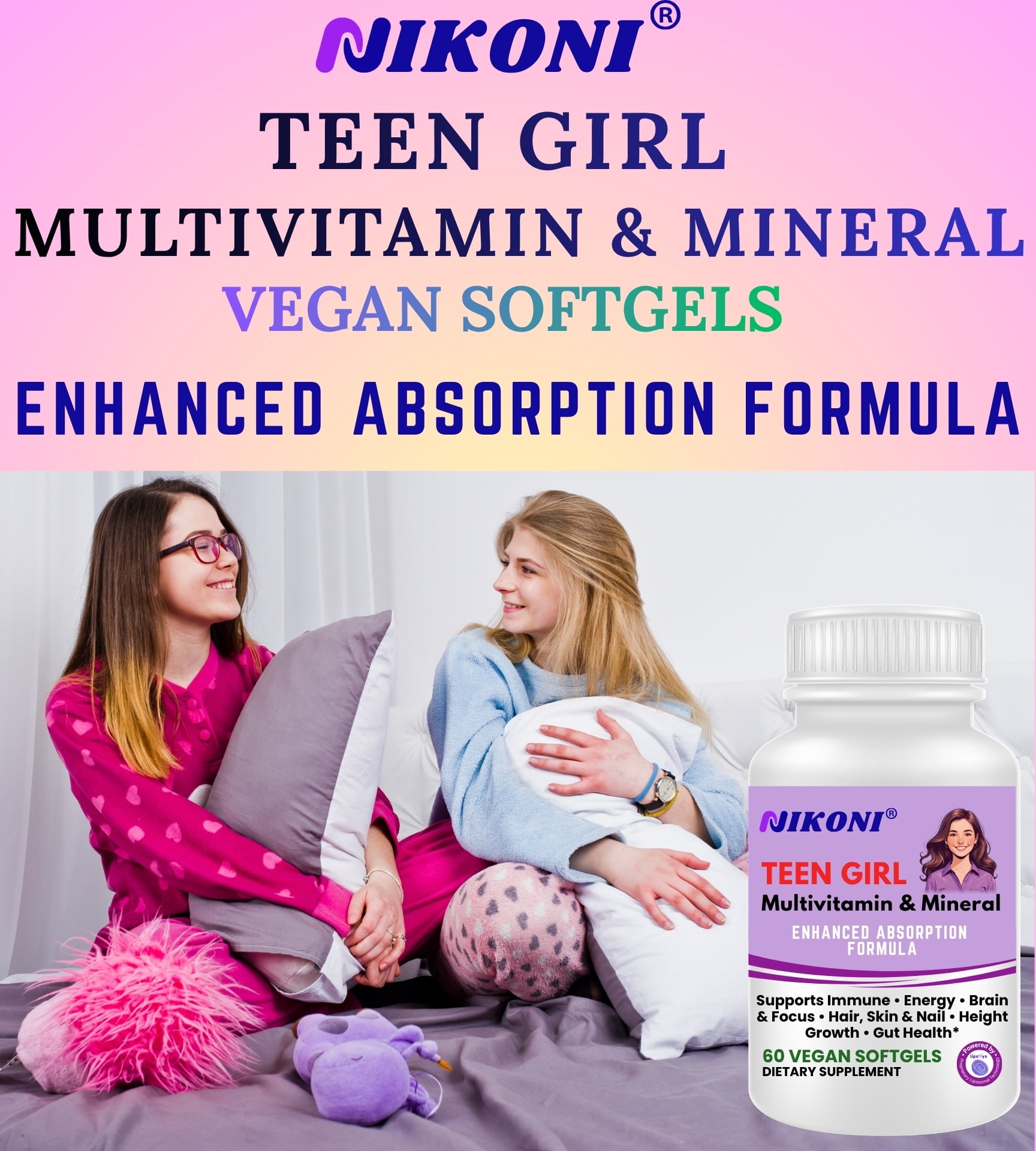 Nikoni Teen Girl Multivitamin & Mineral Vegan Softgels Enhanced Absorption Formula 60 Count