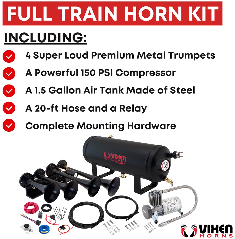 Vixen Horns Train Horn Kit for Trucks/Car/Semi. Complete Onboard System- 150psi  Air Compressor, 1.5 Gallon Tank, Trumpets. Super Loud dB. Fits Vehicles  like Pickup/Jeep/RV/SUV 12v VXPRO8524B